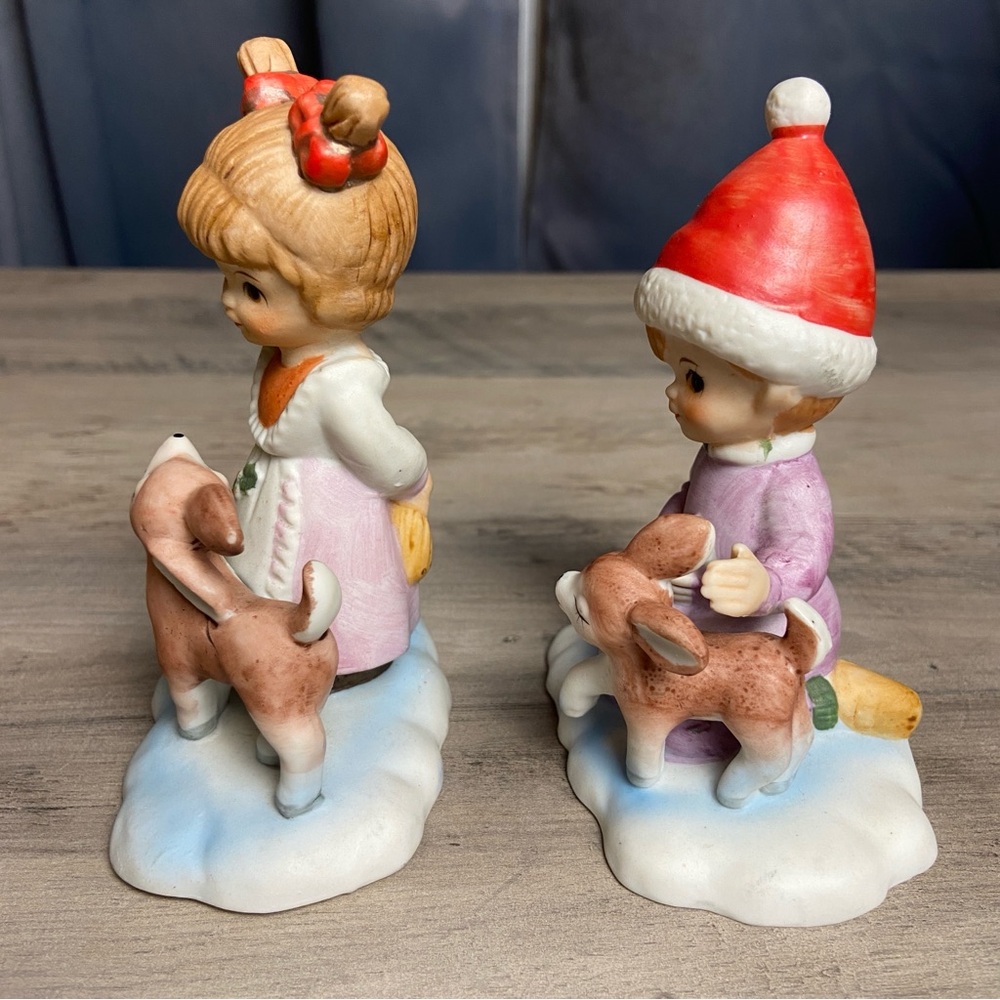 Vintage Hand painted, Lefton, Holiday Figurine Set W/ girl and boy w/ Fawn, 5” - Picture 4 of 9